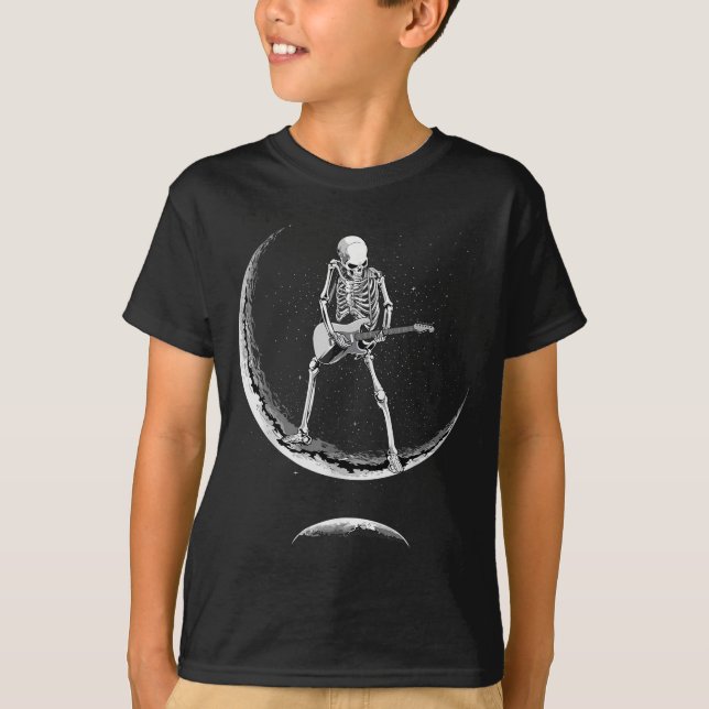 Camiseta Rock On Skeleton Moon Shirt - Funny Halloween Rock (Frente)