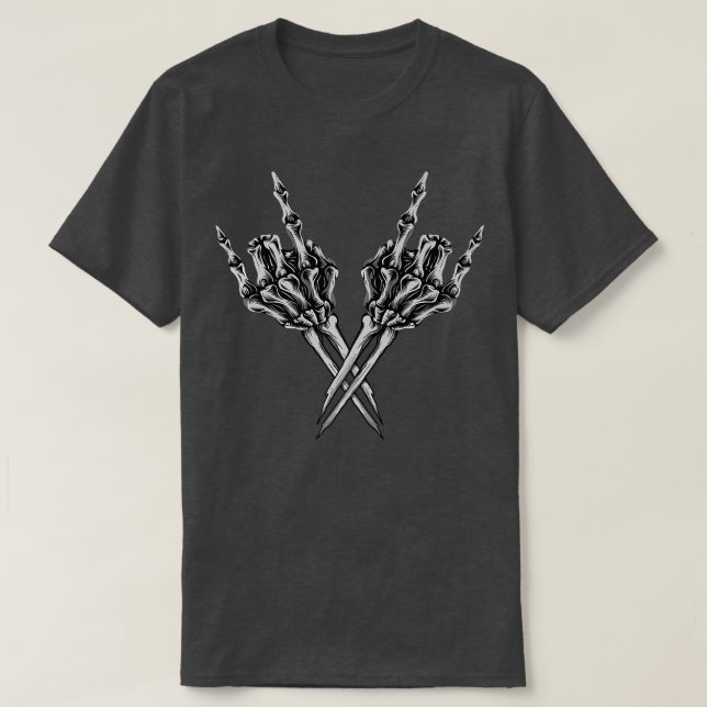 Camiseta Rock On X Up Arm Bones E Skeleton Mãos Emo Pun (Frente do Design)
