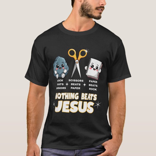 Camiseta Rock Paper Scissors But Nothing Beats Jesus Funny  (Frente)