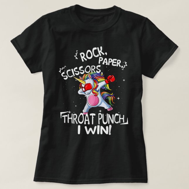 Camiseta Rock Paper Scissors Throat Punch I win Unicorn Box (Frente do Design)