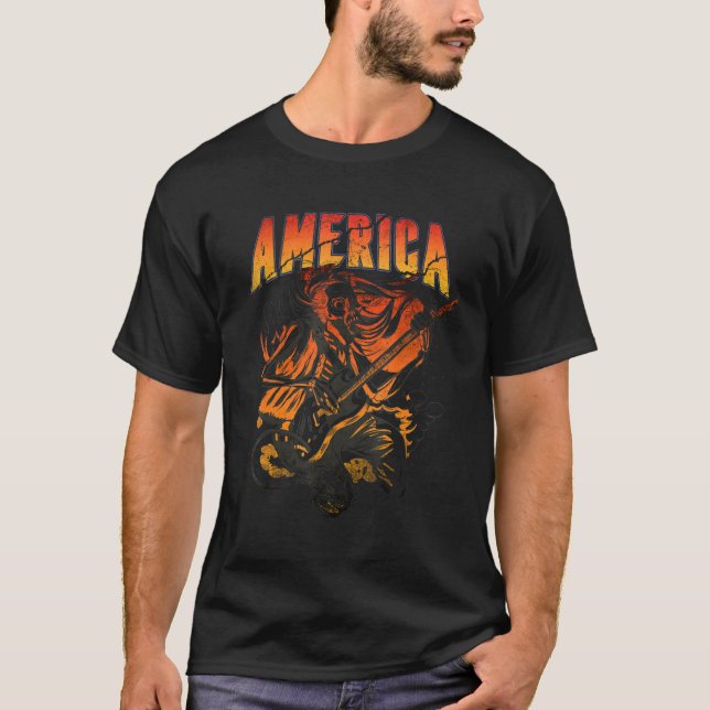 Camiseta Rock & Roll America Skeleton Guitar ROC (Frente)