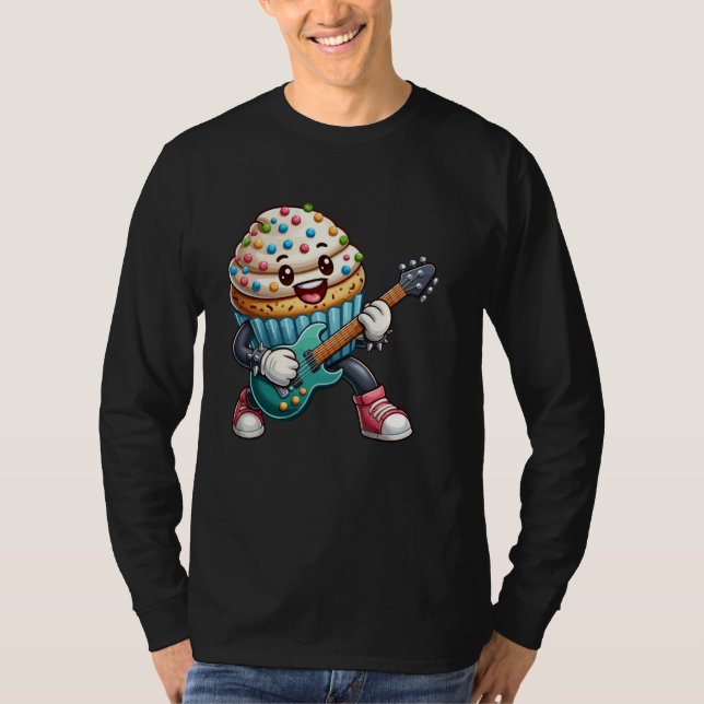 Camiseta Rock Star Cupcake Cartoon Character Funny Guitar P (Frente)