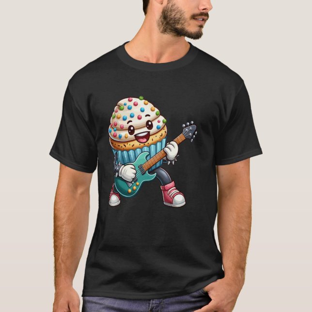 Camiseta Rock Star Cupcake Cartoon Character Funny Guitar P (Frente)