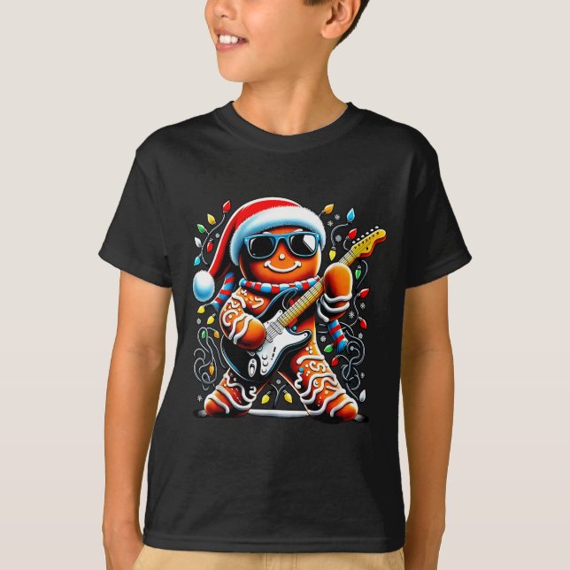 Camiseta Rock Star Gingerbread Christmas Guitar Lights Men  (Frente)