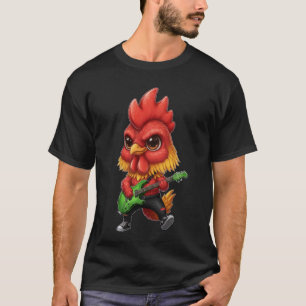 Camiseta Rocker Kawaii Chibi Galo Engraçado Guitarrista