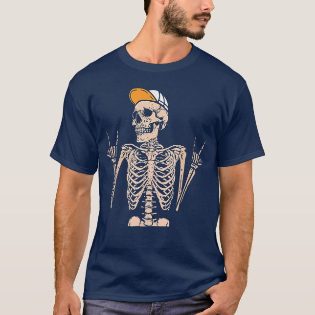 Camiseta Rocker Skeleton Cap Cool Halloween Punk Rock Hand  (Frente)