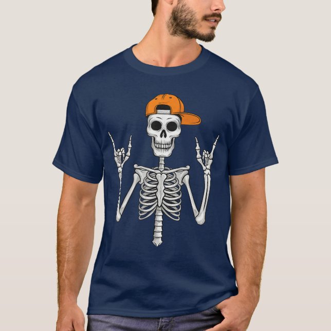 Camiseta Rocker Skeleton Cap Skater Cool Halloween Punk Roc (Frente)
