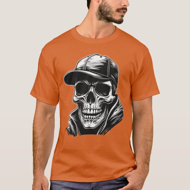 Camiseta Rocker Skeleton Cap Skater Cool Halloween Punk Roc (Frente)