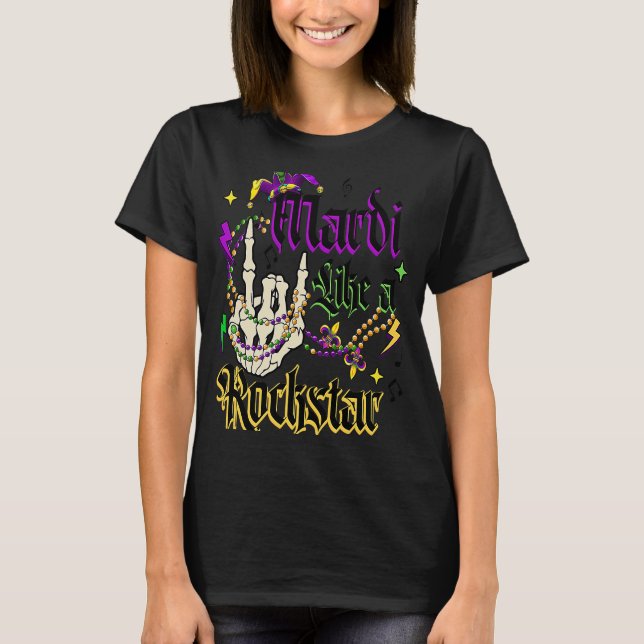 Camiseta Rocker Skeleton Mão Mardi Gras Mardi Como Um Roche (Frente)