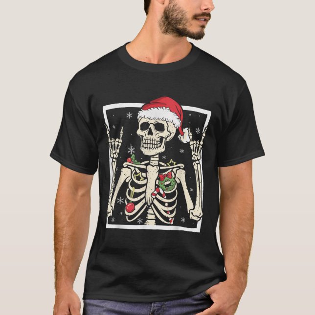 Camiseta Rocker Skeleton Santa Hat Cool Christmas Punk Rock (Frente)