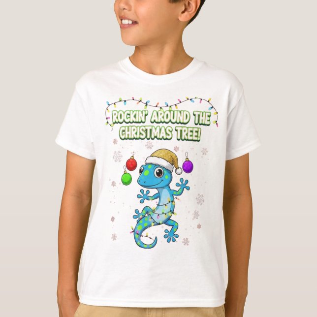 Camiseta Rockin’ Christmas Gecko – Cute Holiday Lizard Deco (Frente)