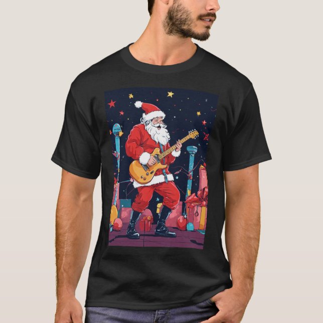 Camiseta Rockin' Santa Claus Tocando Violão Elétrico (Frente)