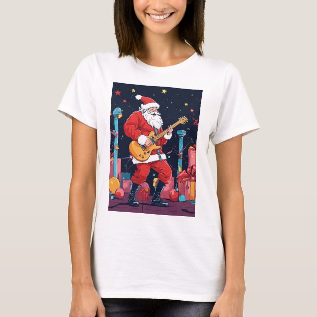 Camiseta Rocking Santa Claus Tocando Violão Elétrico (Frente)