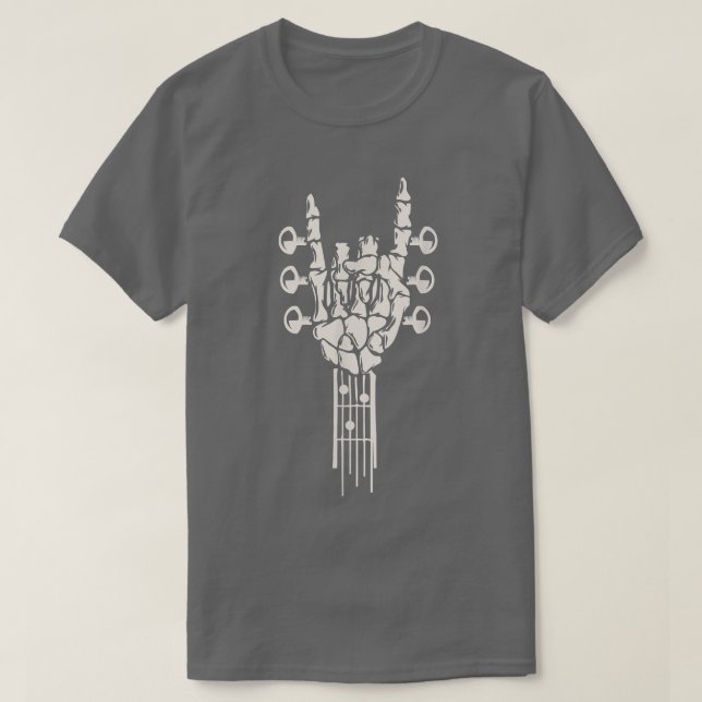 Camiseta Rocking Skeleton Guitar Head Stock Rock Roll Music (Frente do Design)