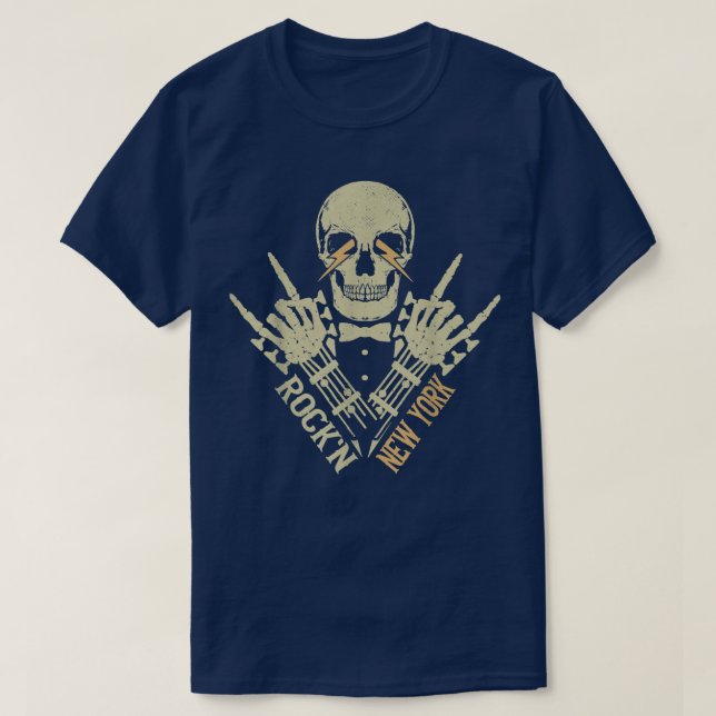 Camiseta Rock'n New York - Rock & Roll Skeleton Guitar Musi (Frente do Design)