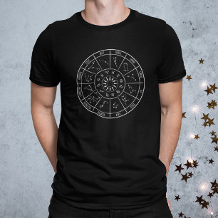Camiseta Roda do Calendário Zodíaco   Símbolos astrologi