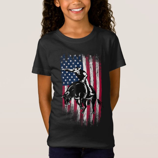 Camiseta Rodeo Bull Rider Patriota Americana Flag Cowboys (Frente)