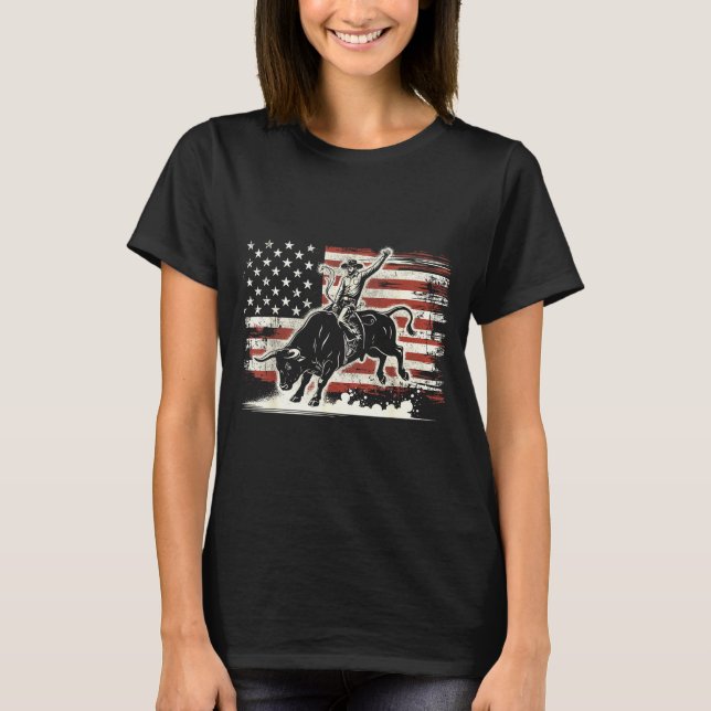 Camiseta Rodeo Rider Bull Patriotic Cowboy Usa Flag  (Frente)