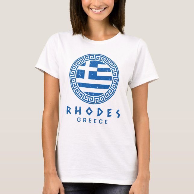 Camiseta Rodes, Design branco branco-Grécia de-mulher, com  (Frente)