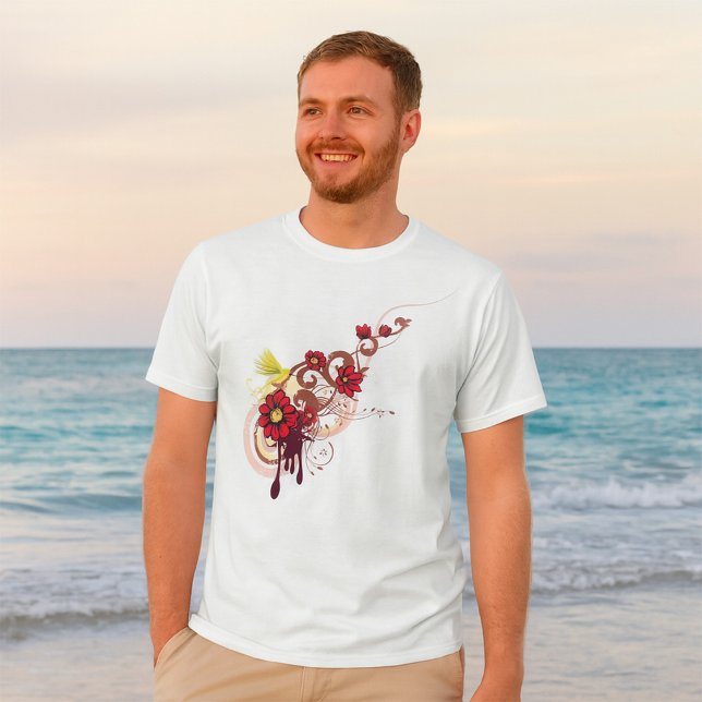 Camiseta Rodovalho Floral com Flores Vermelhas e Hummingbir (Criador carregado)