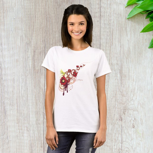 Camiseta Rodovalho Floral com Flores Vermelhas e Hummingbir (Criador carregado)