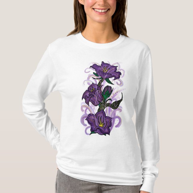 Camiseta Rogo de flores roxas (Frente)