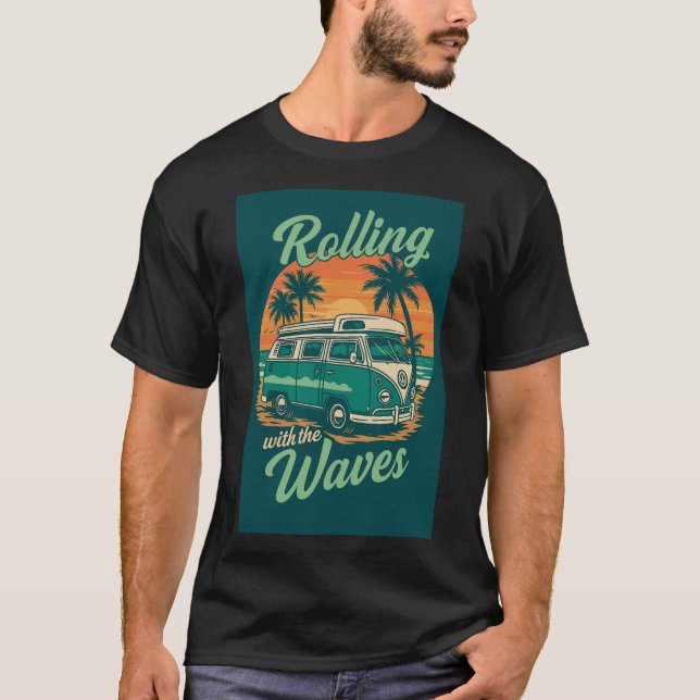 Camiseta Rolando com as ondas - Retro Teal Beach Van Suns (Frente)