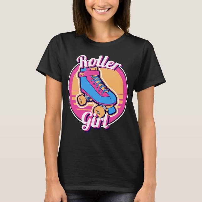 Camiseta Roller Girl Pink Blue 80s — Skate do cilindro de v (Frente)