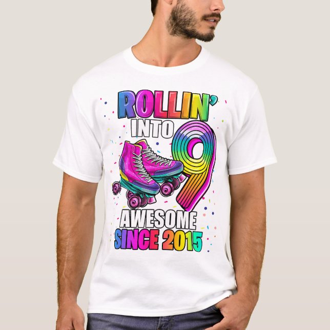 Camiseta Roller Skating 9º Birthday Girls Rollin In 9Aw (Frente)