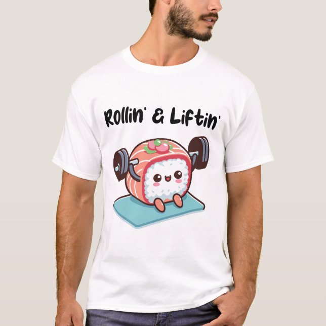 Camiseta Rolo de Sushi Levantando Pesos (Frente)