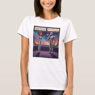 Camiseta Romance de IA Engraçado Feminino Humano e Robô Mas