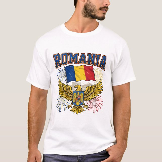 Camiseta Romania Flag Patriotic Golden Eagle Celebration (Frente)