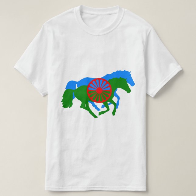 Camiseta Romania Texto de bandeira cigana e cavalo T-Shirt (Frente do Design)