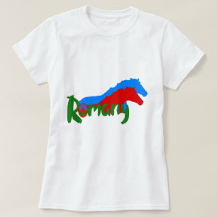 Camiseta Romania Texto de bandeira cigana e cavalo T-Shirt