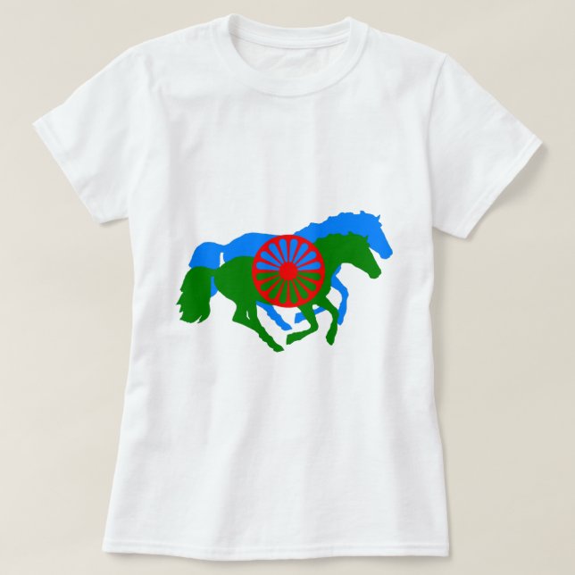 Camiseta Romania Texto de bandeira cigana e cavalo T-Shirt (Frente do Design)