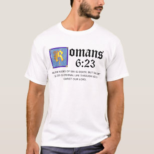 Camiseta Romanos 6:23 Azul - Letra Iluminada Verso Bíblico