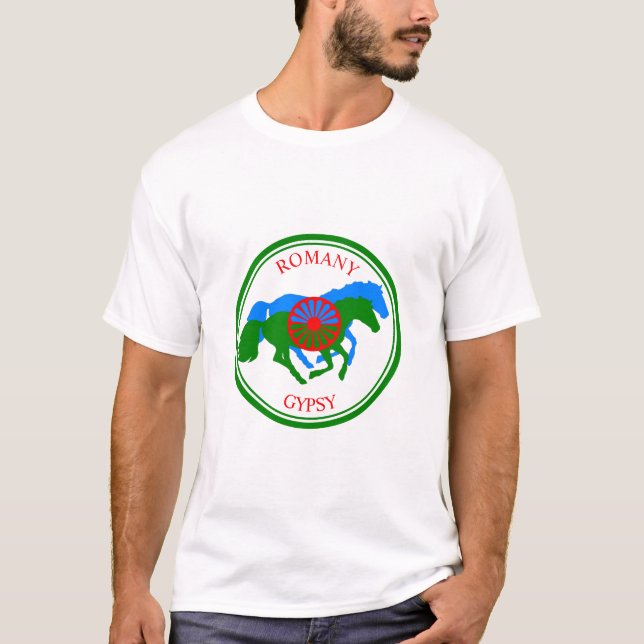 Camiseta Romany, bandeira cigana e cavalos (Frente)