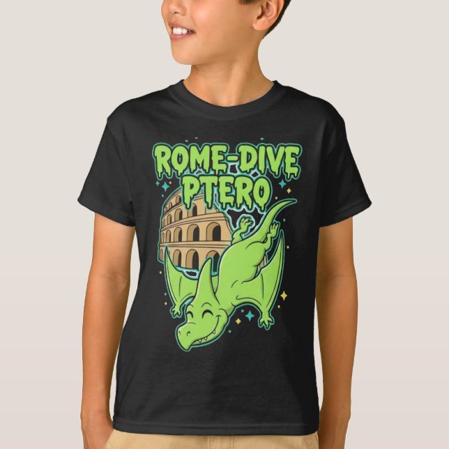 Camiseta Rome-Dive Ptero Cute Dinosaur & Colosseum Travel A (Frente)