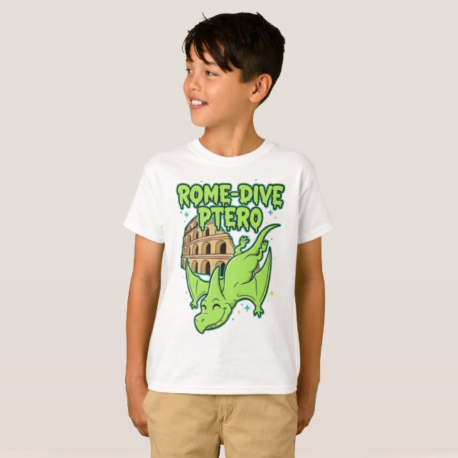 Camiseta Rome-Dive Ptero Cute Dinosaur & Colosseum Travel A (Frente Completa)