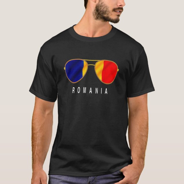 Camiseta Romênia Óculos de sol Romênia Bandeira Romena (Frente)