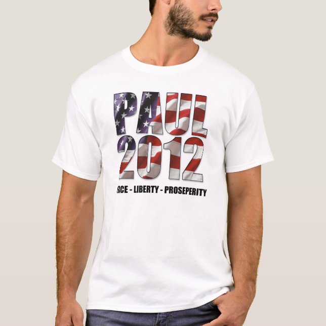 Camiseta Ron Paul 2012 - Paz, liberdade, prosperidade (Frente)