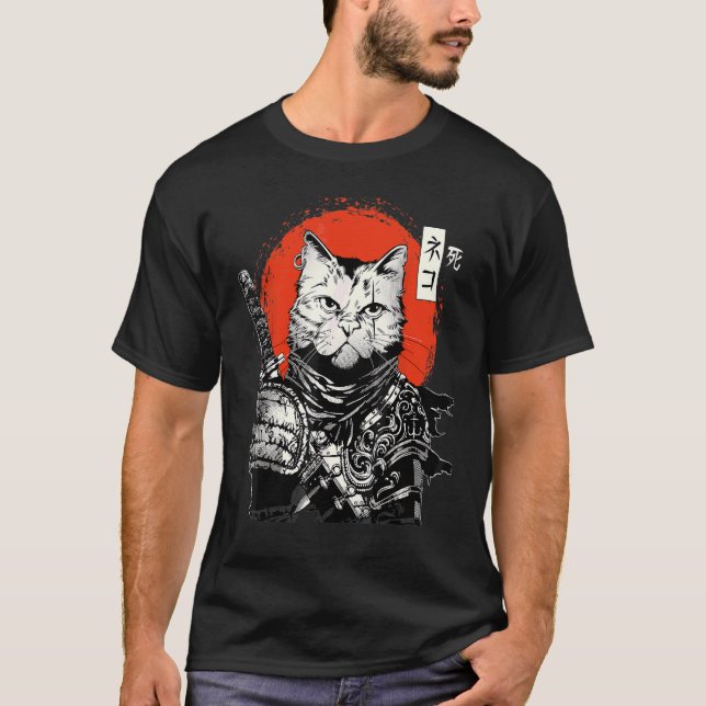 Camiseta Ronin Samurai Cat Com Katana E Japão Ascensão Sun (Frente)