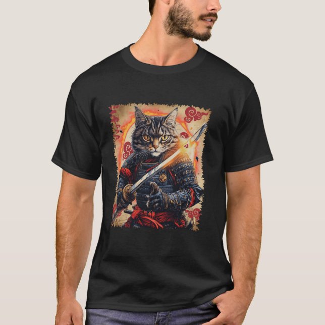 Camiseta Ronin Samurai Cat Warrior com Katana Feline Bushi (Frente)