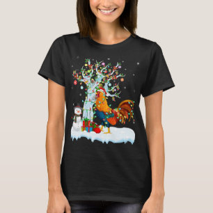 Camiseta Rooster Bird Xmas Tree Lighting Santa Hat Rooster