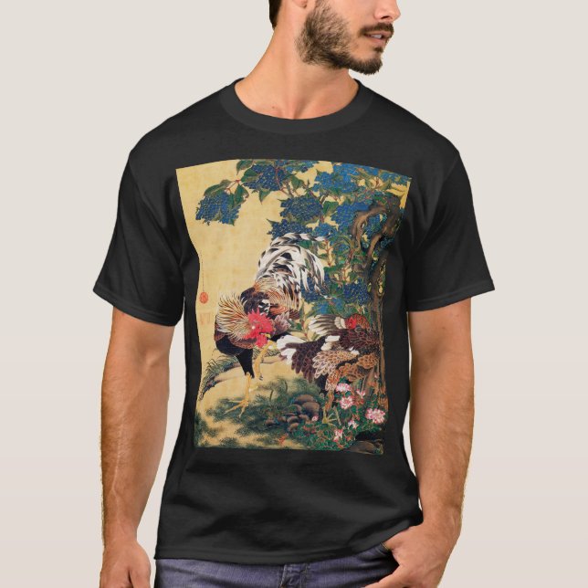 Camiseta Rooster e Hen com Hydrangeas por Ito Jakuchu (Frente)
