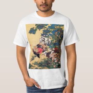 Camiseta Rooster e Hen com Hydrangeas por Ito Jakuchu