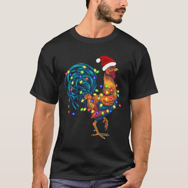 Camiseta Rooster Engraçado Galinha Luzes de Natal Pajama Fa (Frente)