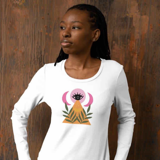 Camiseta rosa amarela moderna olho lua boho retrô (Criador carregado)