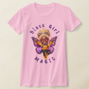 Camiseta Rosa Borboleta Fada Magia de Menina Negra