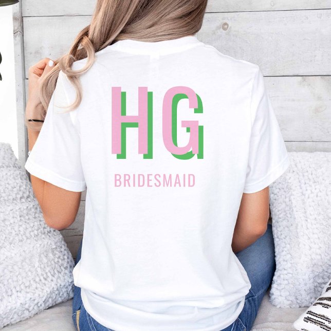 Camiseta Rosa claro + Festa de casamento de Monograma Verde (Light Pink + Green Monogram Wedding Party Tshirt)